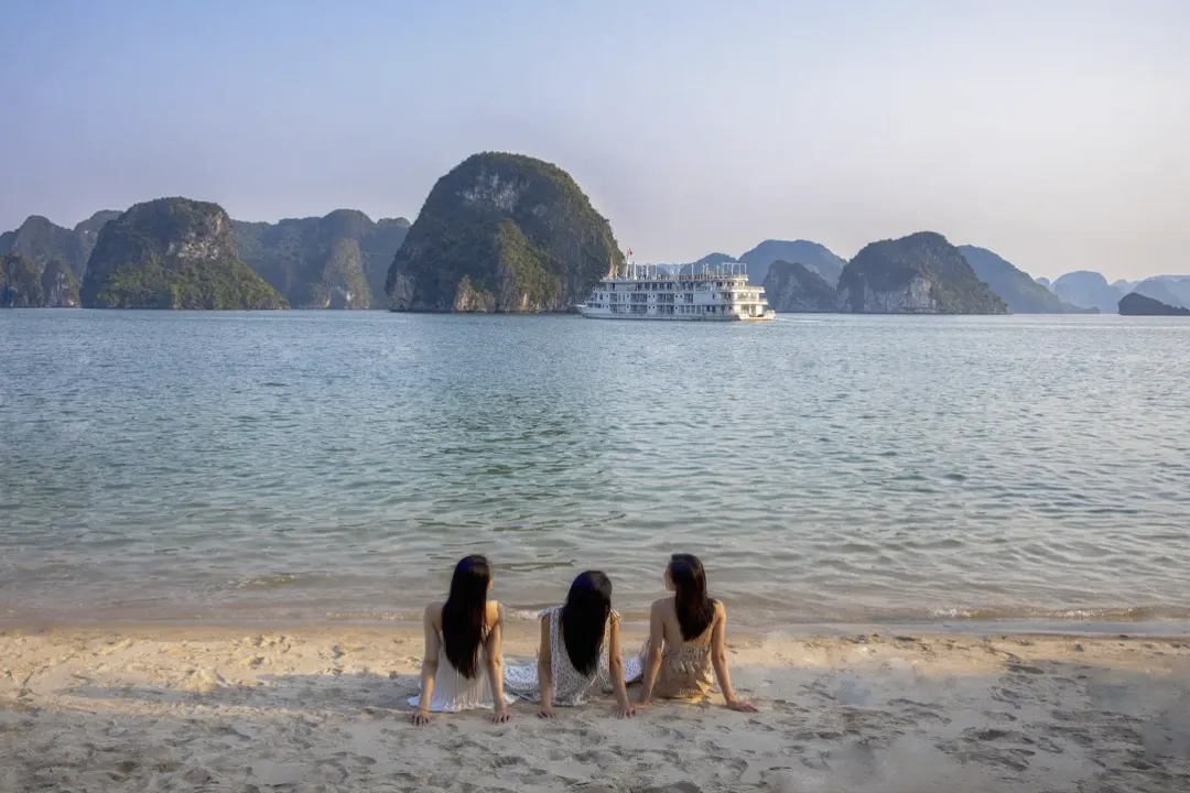 Swimming at Titop Island in Ha Long Bay.