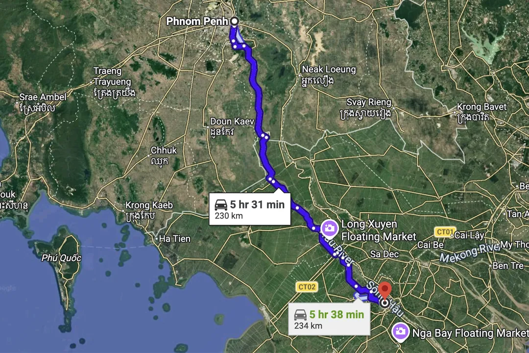 Can Tho to Phnom Penh Map