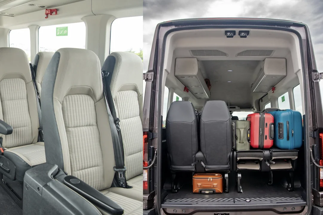 Ford Transit's seating and luggage compartments.
