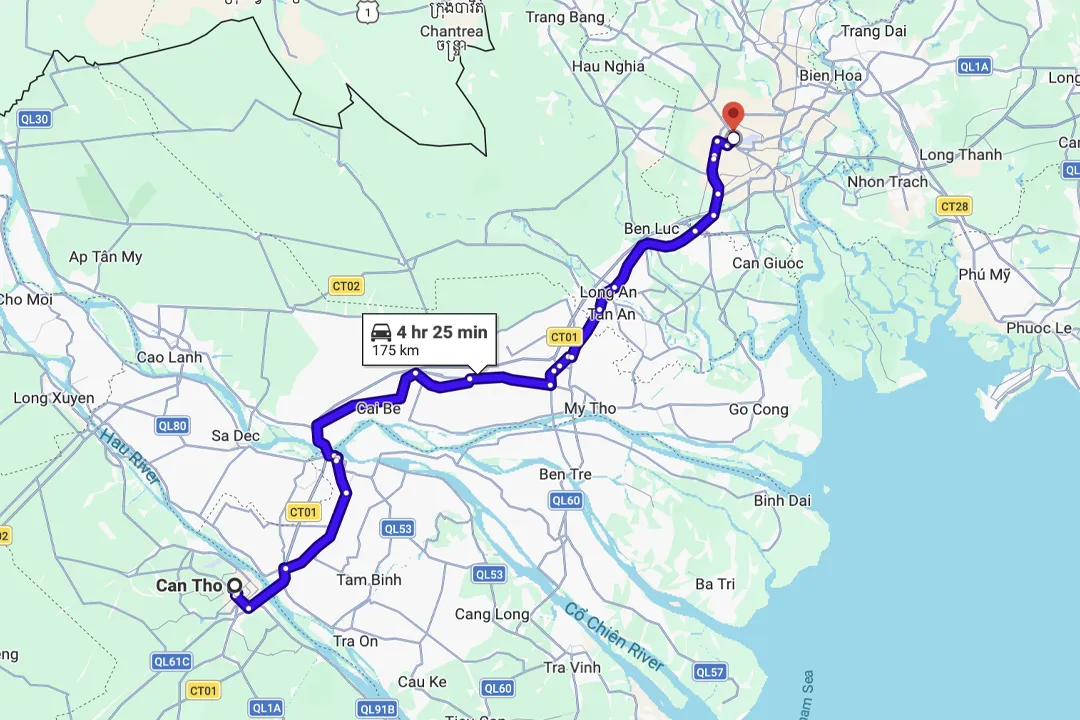 HCMC - Can Tho route map (motorbike and car)